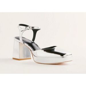 Reformation Silver Metallic Platform Block Heels Size 7 | Square Toe Party Shoes